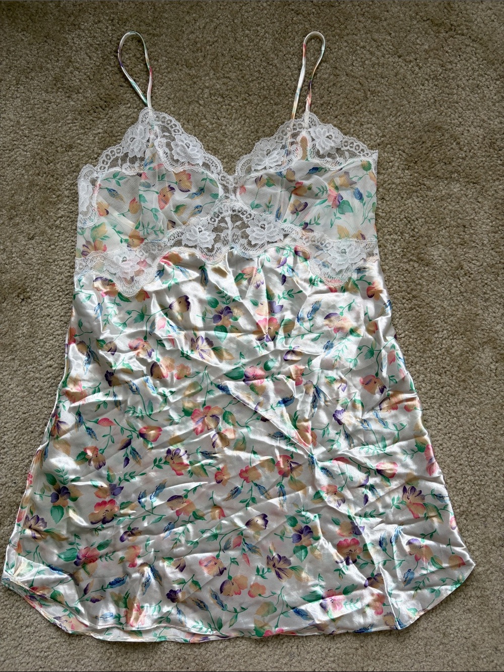 Vintage 90’s Victorias Secret Floral Satin Lace-Trim Chemise Slip Pastel
